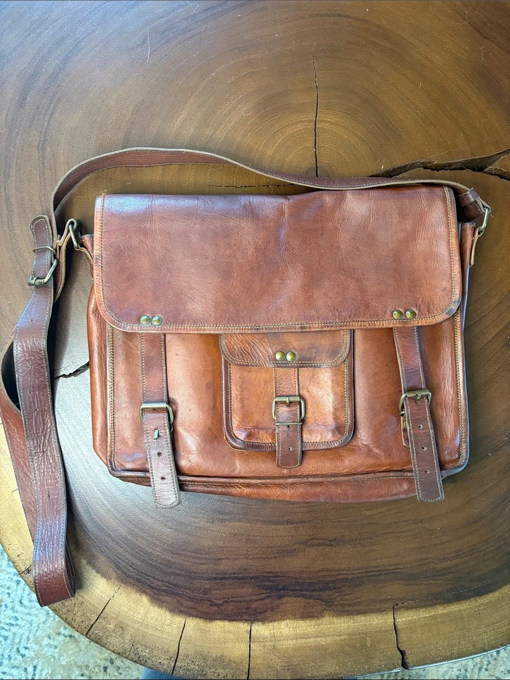 Vintage Brown Leather Satchel Messenger Bag Rustic Crossbody Large 15”